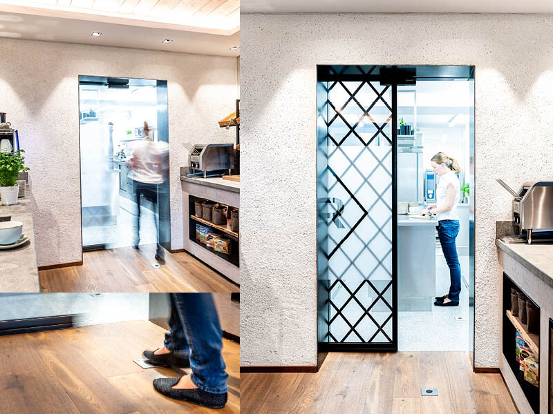 Impressionen einer einflügeligen Schiebetüre in der Gastronomie